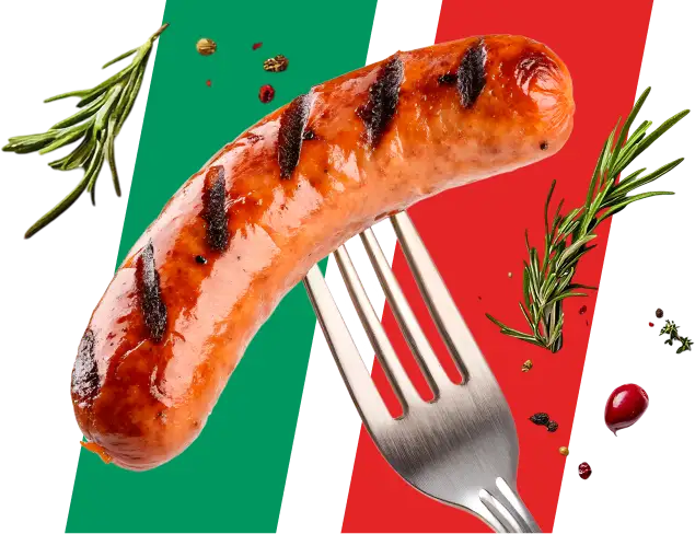 Handcrafted Italian sausage by Flocchini Family Provisions, grilled and served on fork with herbs, representing premium family-made sausages