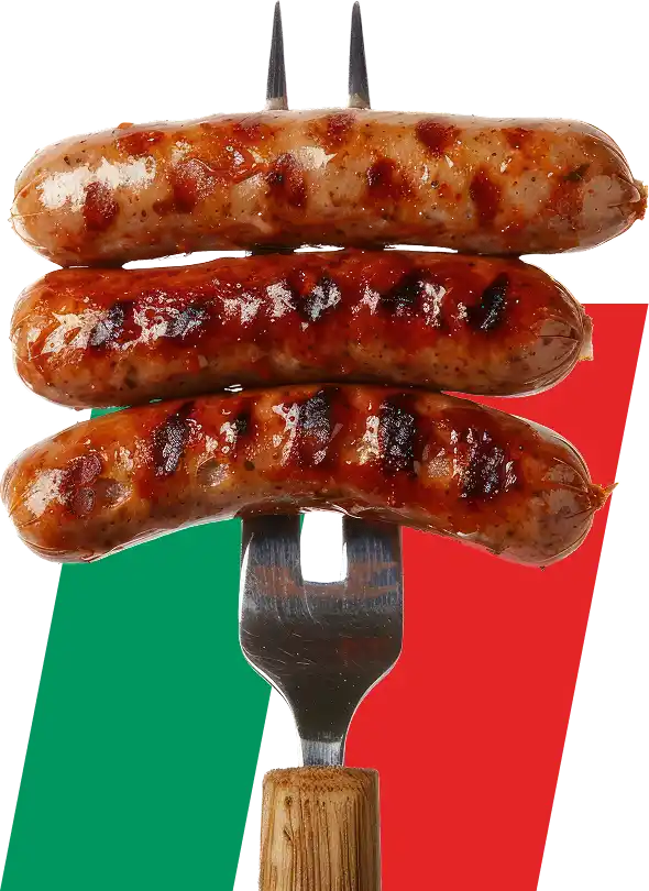 Grilled Italian sausages stacked on fork