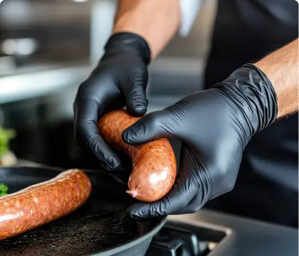Chef preparing sausage in professional kitchen